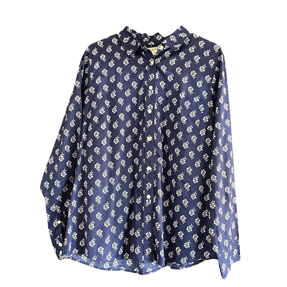J.Crew Navy Blue Floral Daisy Cotton Button Down Shirt XL Long Sleeve Pocket
